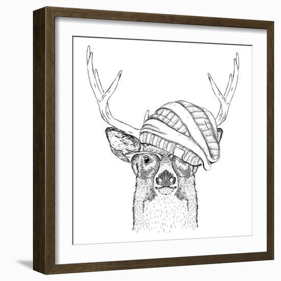 Portrait of Deer in a Hat. Vector Illustration-Sunny Whale-Framed Art Print