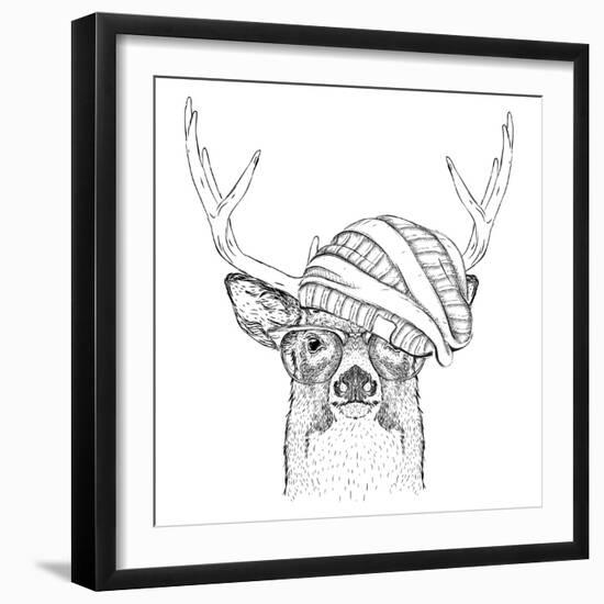 Portrait of Deer in a Hat. Vector Illustration-Sunny Whale-Framed Art Print