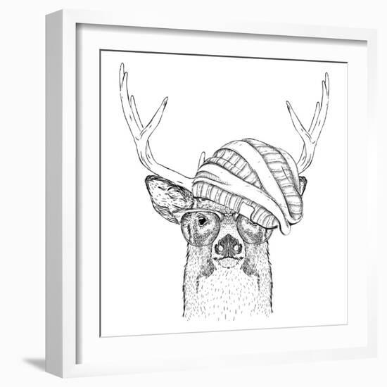 Portrait of Deer in a Hat. Vector Illustration-Sunny Whale-Framed Art Print