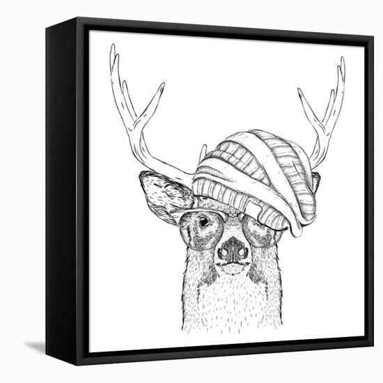 Portrait of Deer in a Hat. Vector Illustration-Sunny Whale-Framed Stretched Canvas