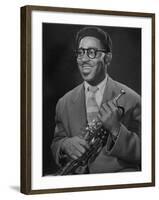 Portrait of Dizzy Gillespie, "Bebop" King, Holding His Trumpet-Allan Grant-Framed Premium Photographic Print