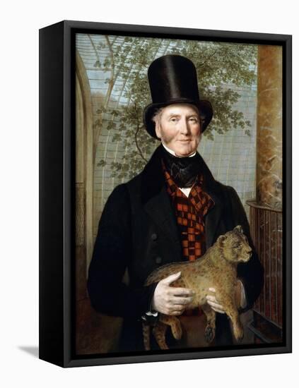 Portrait of Edward Cross, Half-Length, in a Black Coat and Red-Check Waistcoat Holding a Lion Cub-Jacques-Laurent Agasse-Framed Stretched Canvas