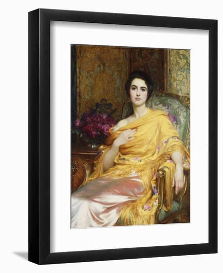 Portrait of Elsa, Daughter of William Hall, seated wearing a Pink Dress and Yellow Wrap-Frank Bernard Dicksee-Framed Giclee Print