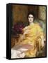 Portrait of Elsa, Daughter of William Hall, seated wearing a Pink Dress and Yellow Wrap-Frank Bernard Dicksee-Framed Stretched Canvas