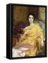 Portrait of Elsa, Daughter of William Hall, seated wearing a Pink Dress and Yellow Wrap-Frank Bernard Dicksee-Framed Stretched Canvas