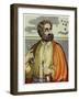 Portrait of Ferdinand Magellan (1480 - 1521) with Navigational Instruments. (Colour Litho.)-Andre Thevet-Framed Giclee Print