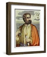 Portrait of Ferdinand Magellan (1480 - 1521) with Navigational Instruments. (Colour Litho.)-Andre Thevet-Framed Giclee Print