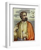 Portrait of Ferdinand Magellan (1480 - 1521) with Navigational Instruments. (Colour Litho.)-Andre Thevet-Framed Giclee Print