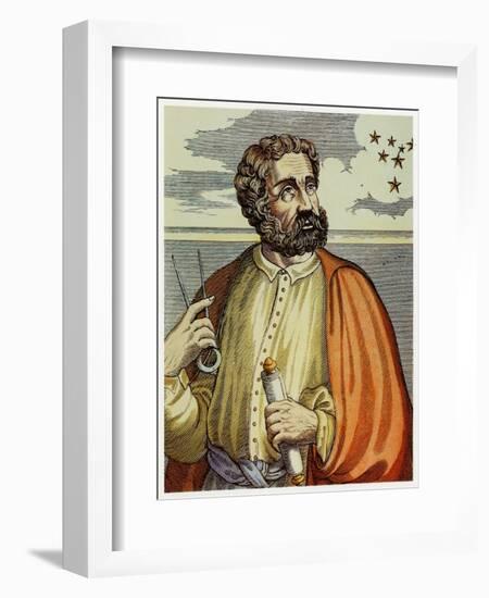 Portrait of Ferdinand Magellan (1480 - 1521) with Navigational Instruments. (Colour Litho.)-Andre Thevet-Framed Giclee Print