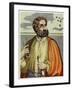 Portrait of Ferdinand Magellan (1480 - 1521) with Navigational Instruments. (Colour Litho.)-Andre Thevet-Framed Giclee Print