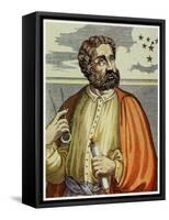 Portrait of Ferdinand Magellan (1480 - 1521) with Navigational Instruments. (Colour Litho.)-Andre Thevet-Framed Stretched Canvas