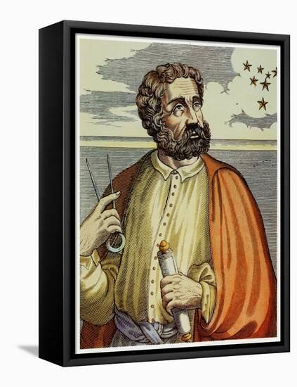 Portrait of Ferdinand Magellan (1480 - 1521) with Navigational Instruments. (Colour Litho.)-Andre Thevet-Framed Stretched Canvas