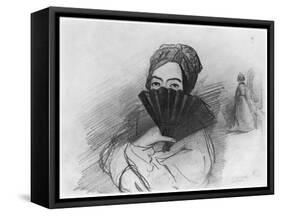 Portrait of George Sand (1804-76) Behind Her Fan-Alfred de Musset-Framed Stretched Canvas