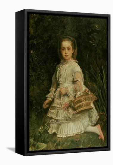 Portrait of Gracia, Daughter of Evans Lees, Full Length, Wearing a White Dress, Picking Flowers-John Everett Millais-Framed Stretched Canvas