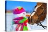 Portrait of Horse and Snowman in Winter Landscape.-PH.OK-Stretched Canvas