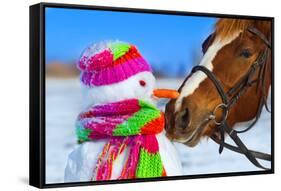Portrait of Horse and Snowman in Winter Landscape.-PH.OK-Framed Stretched Canvas