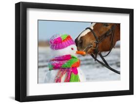Portrait of Horse and Snowman in Winter Landscape.-PH.OK-Framed Photographic Print