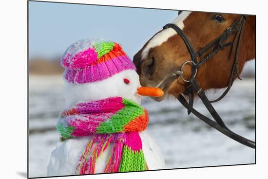 Portrait of Horse and Snowman in Winter Landscape.-PH.OK-Mounted Photographic Print