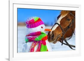 Portrait of Horse and Snowman in Winter Landscape.-PH.OK-Framed Photographic Print