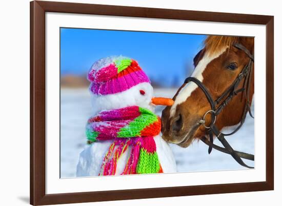 Portrait of Horse and Snowman in Winter Landscape.-PH.OK-Framed Photographic Print