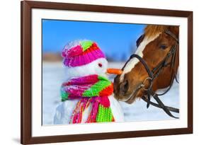 Portrait of Horse and Snowman in Winter Landscape.-PH.OK-Framed Photographic Print