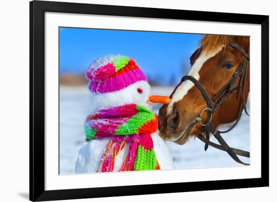 Portrait of Horse and Snowman in Winter Landscape.-PH.OK-Framed Photographic Print