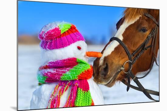 Portrait of Horse and Snowman in Winter Landscape.-PH.OK-Mounted Photographic Print