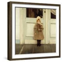 Portrait of Jeanne Kefer, at a Door Wearing a Pink Bonnet and Grey Coat-Fernand Khnopff-Framed Giclee Print