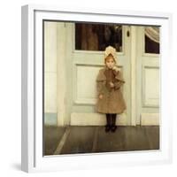 Portrait of Jeanne Kefer, at a Door Wearing a Pink Bonnet and Grey Coat-Fernand Khnopff-Framed Giclee Print