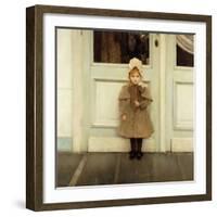 Portrait of Jeanne Kefer, at a Door Wearing a Pink Bonnet and Grey Coat-Fernand Khnopff-Framed Giclee Print