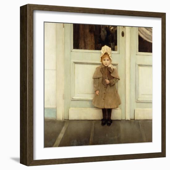 Portrait of Jeanne Kefer, at a Door Wearing a Pink Bonnet and Grey Coat-Fernand Khnopff-Framed Giclee Print