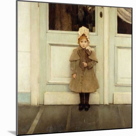 Portrait of Jeanne Kefer, at a Door Wearing a Pink Bonnet and Grey Coat-Fernand Khnopff-Mounted Giclee Print