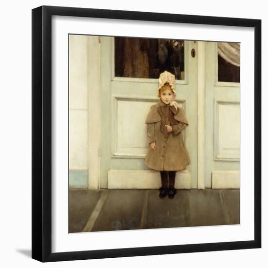 Portrait of Jeanne Kefer, at a Door Wearing a Pink Bonnet and Grey Coat-Fernand Khnopff-Framed Premium Giclee Print