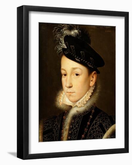 Portrait of King Charles IX of France (1550-1574) - Francois Clouet (1510-1572). Oil on Wood, 1561.-Francois Clouet-Framed Giclee Print