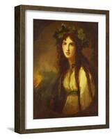 Portrait of Lady Hamilton as a Bacchante, Half Length, in a White Dress with a Blue Sash and a…-George Romney-Framed Giclee Print