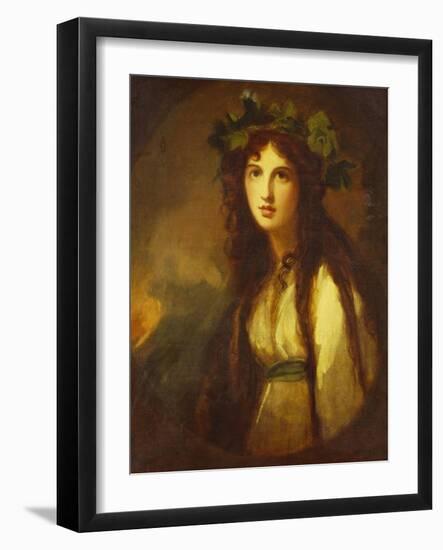 Portrait of Lady Hamilton as a Bacchante, Half Length, in a White Dress with a Blue Sash and a…-George Romney-Framed Giclee Print