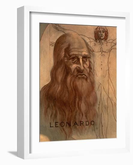 Portrait of Leonardo Da Vinci (With His "Vitruvian Man")-null-Framed Giclee Print