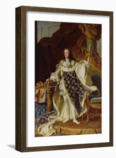 Portrait of Louis XV (1715-74) in His Coronation Robes, 1730-Hyacinthe Rigaud-Framed Giclee Print