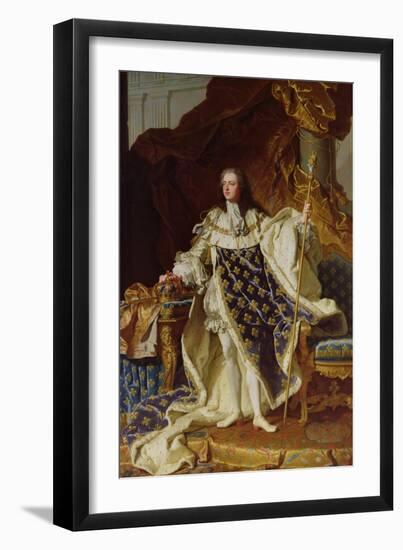 Portrait of Louis XV (1715-74) in His Coronation Robes, 1730-Hyacinthe Rigaud-Framed Giclee Print