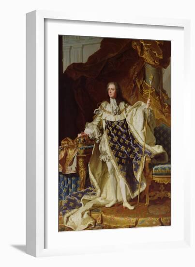 Portrait of Louis XV (1715-74) in His Coronation Robes, 1730-Hyacinthe Rigaud-Framed Giclee Print