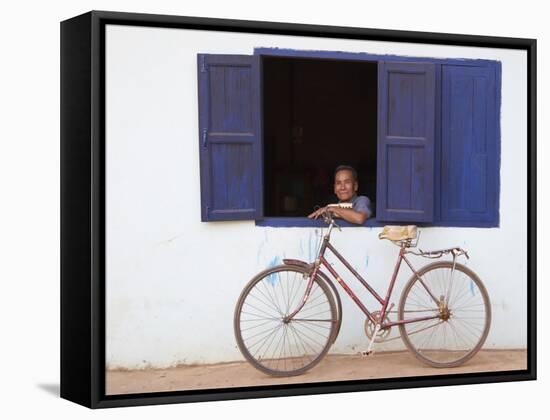 Portrait of Man Looking Out of Window, Vang Vieng, Laos-Ian Trower-Framed Stretched Canvas