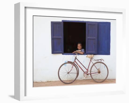 Portrait of Man Looking Out of Window, Vang Vieng, Laos-Ian Trower-Framed Photographic Print