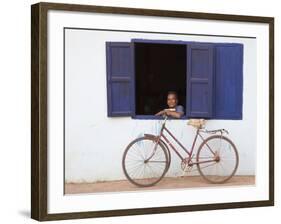 Portrait of Man Looking Out of Window, Vang Vieng, Laos-Ian Trower-Framed Photographic Print