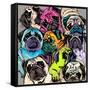 Portrait of Many Pugs. Composition in a Bright Coloring Pop Art Style. Humor Card, T-Shirt Composit-null-Framed Stretched Canvas