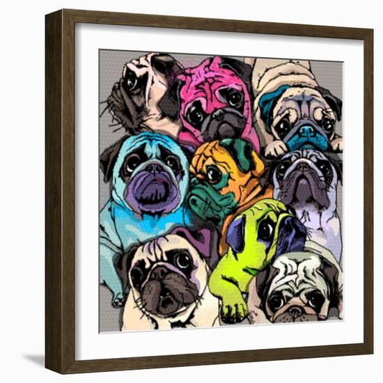 Portrait of Many Pugs. Composition in a Bright Coloring Pop Art Style. Humor Card, T-Shirt Composit-null-Framed Art Print