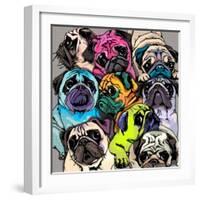 Portrait of Many Pugs. Composition in a Bright Coloring Pop Art Style. Humor Card, T-Shirt Composit-null-Framed Art Print