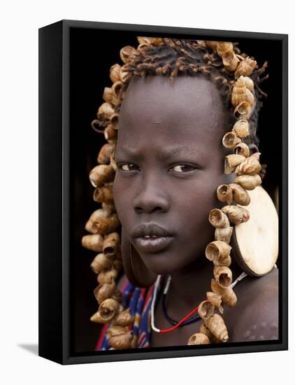 Portrait of Mursi Girl, Omo Valley, Ethiopia-Peter Adams-Framed Stretched Canvas