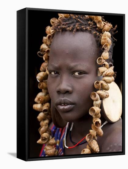 Portrait of Mursi Girl, Omo Valley, Ethiopia-Peter Adams-Framed Stretched Canvas