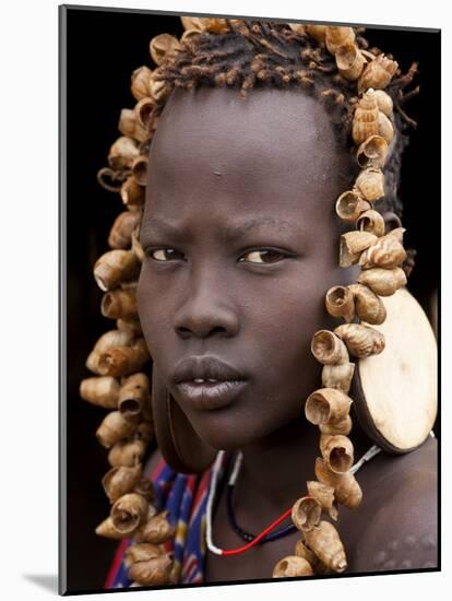 Portrait of Mursi Girl, Omo Valley, Ethiopia-Peter Adams-Mounted Photographic Print