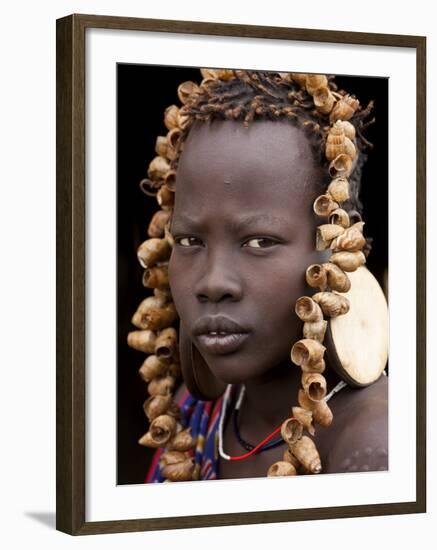 Portrait of Mursi Girl, Omo Valley, Ethiopia-Peter Adams-Framed Photographic Print